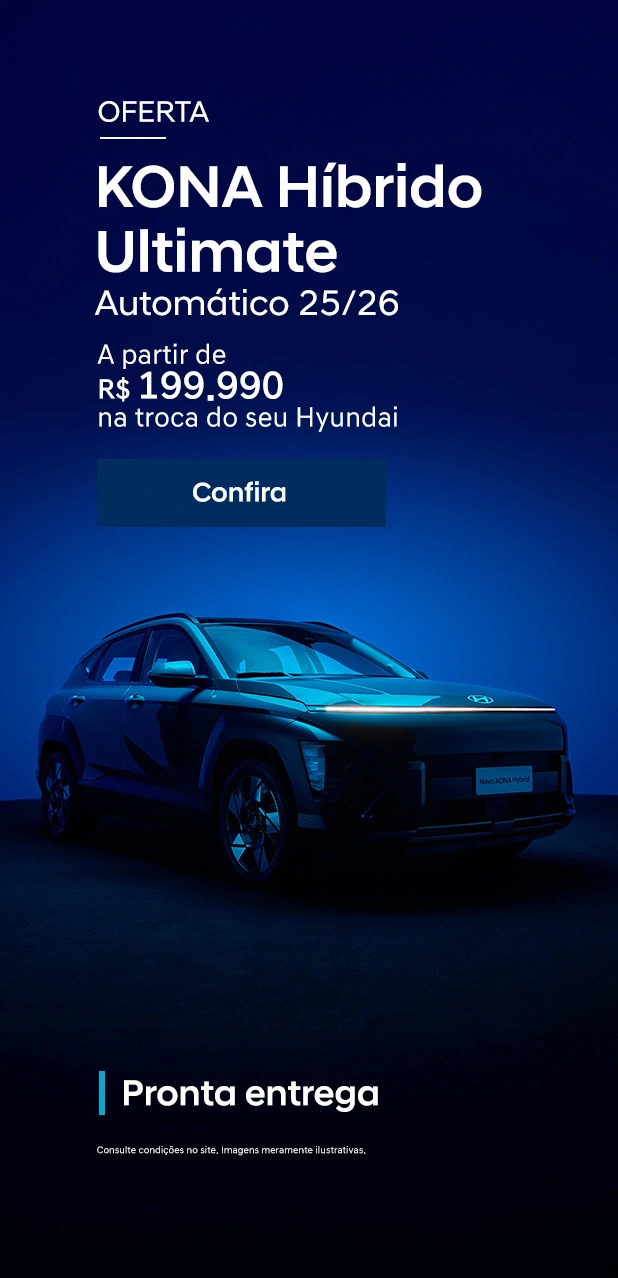 Oferta KONA Híbrido Ultimate AT 25/26 A partir de R$ 199.990 na troca do seu Hyundai.