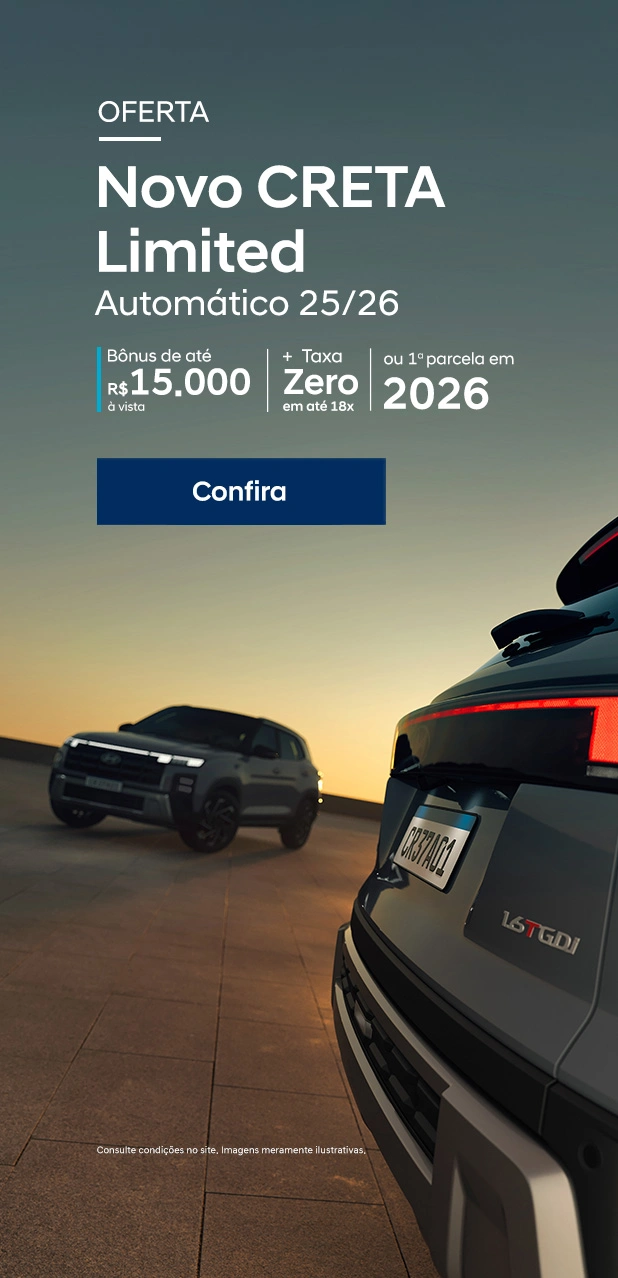 Oferta Novo CRETA Limited AT 25/26 Bônus de até R$ 15.000 à vista + taxa zero em até 12x ou 1ª parcela em 2026