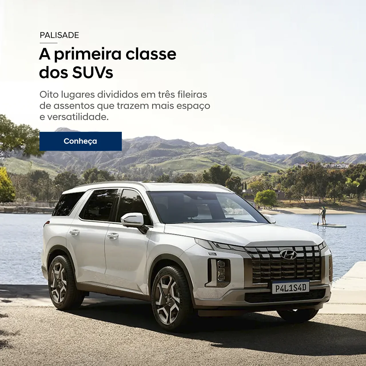 PALISADE em ambiente externo. O banner diz “A primeira classe dos SUVs. Oito lugares divididos em três fileiras de assentos que trazem mais espaço e versatilidade