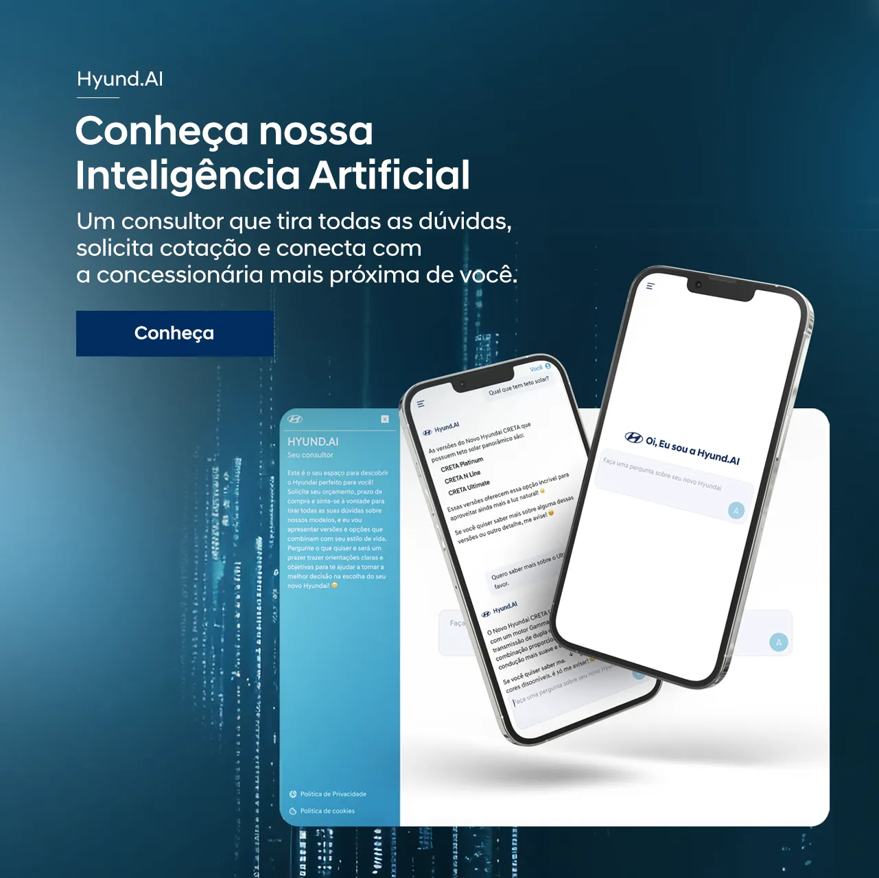 Telas mobile mostrando interface da IA da Hyundai. O banner diz “Conheça nossa Inteligência Artificial. Um consultor que tira todas as dúvidas, solicita cotação e conecta com a concessionária mais próxima de você