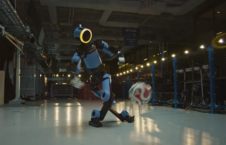 Robô Atlas aprendendo a dar um chute de letra com a bola Trionda da Copa do Mundo FIFA™.