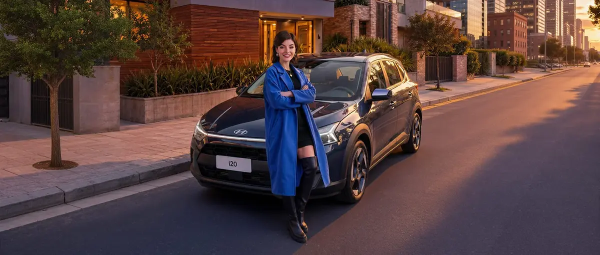 Influenciadora digital Lu, do Magalu, sentada no capô do Novo Hyundai i20 em realidade virtual.
