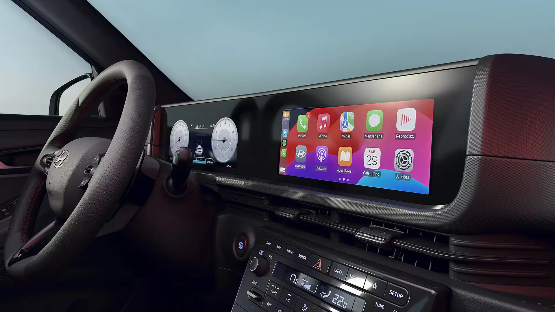 Central multimídia integrada ao painel de instrumentos do Novo Hyundai CRETA N Line.
