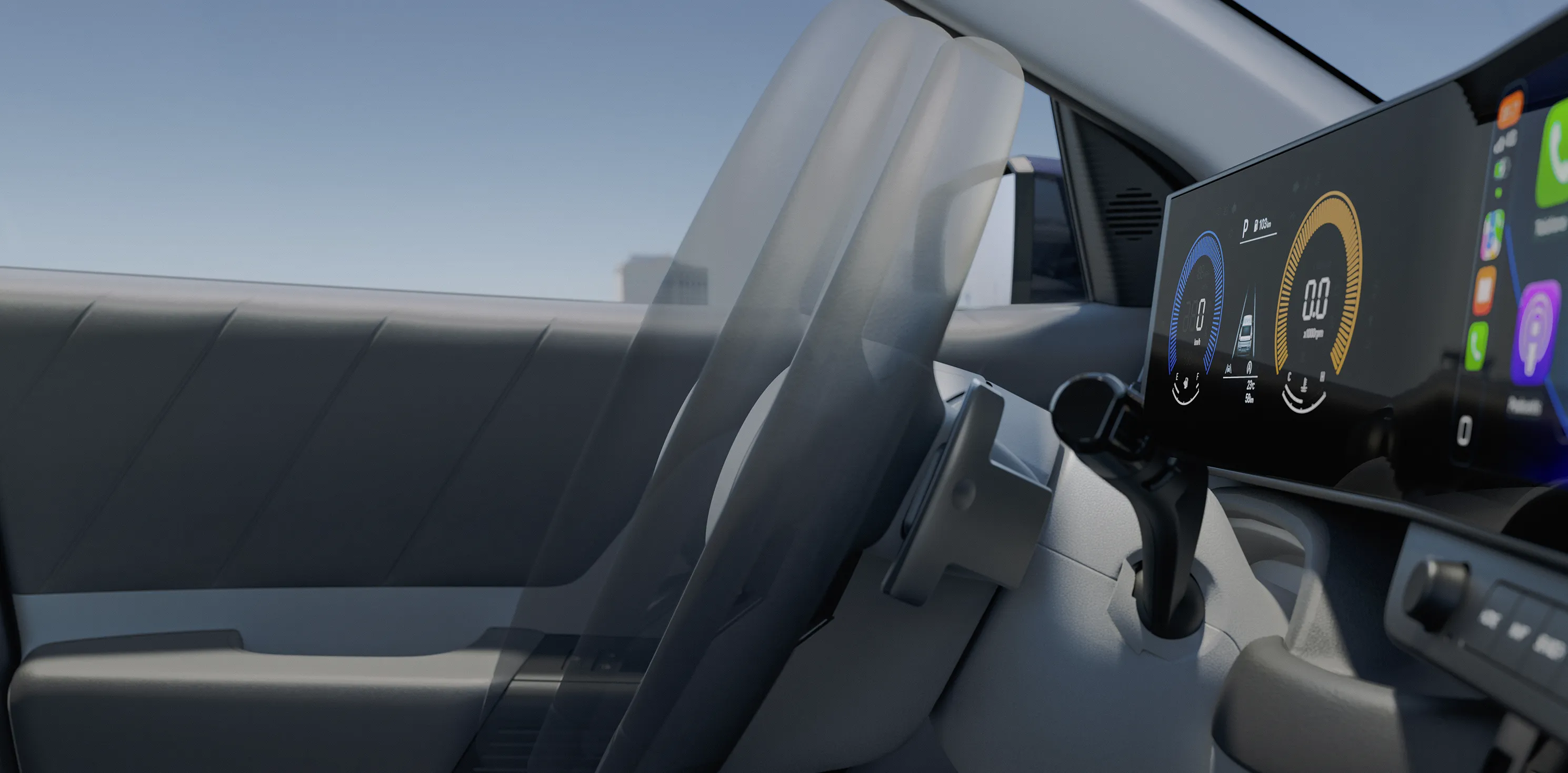 Ajuste de profundidade do volante do Novo Hyundai i20 com acabamento em couro e botões integrados.