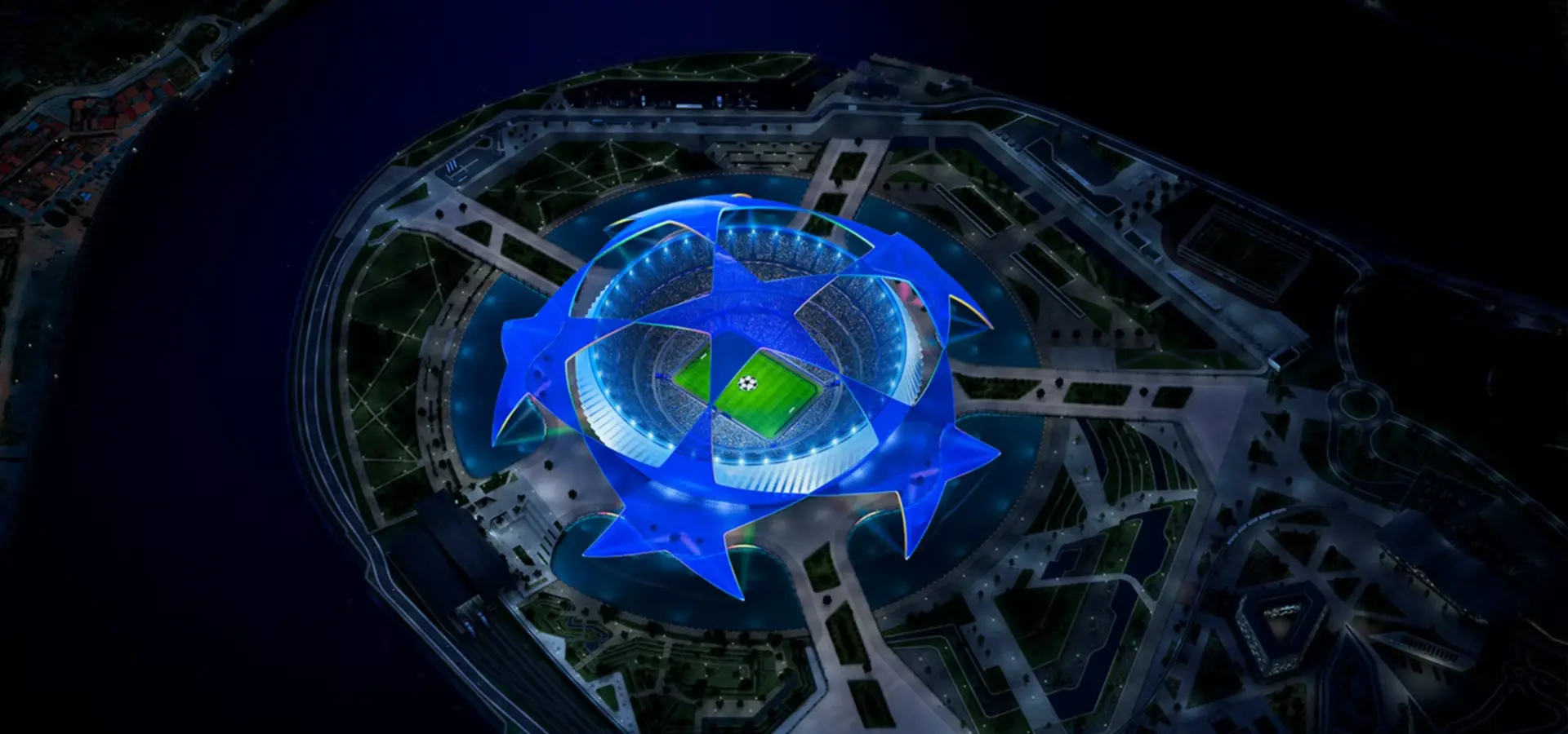 Vista aérea de uma partida da UEFA Champions League agora em parceria com a Hyundai.
