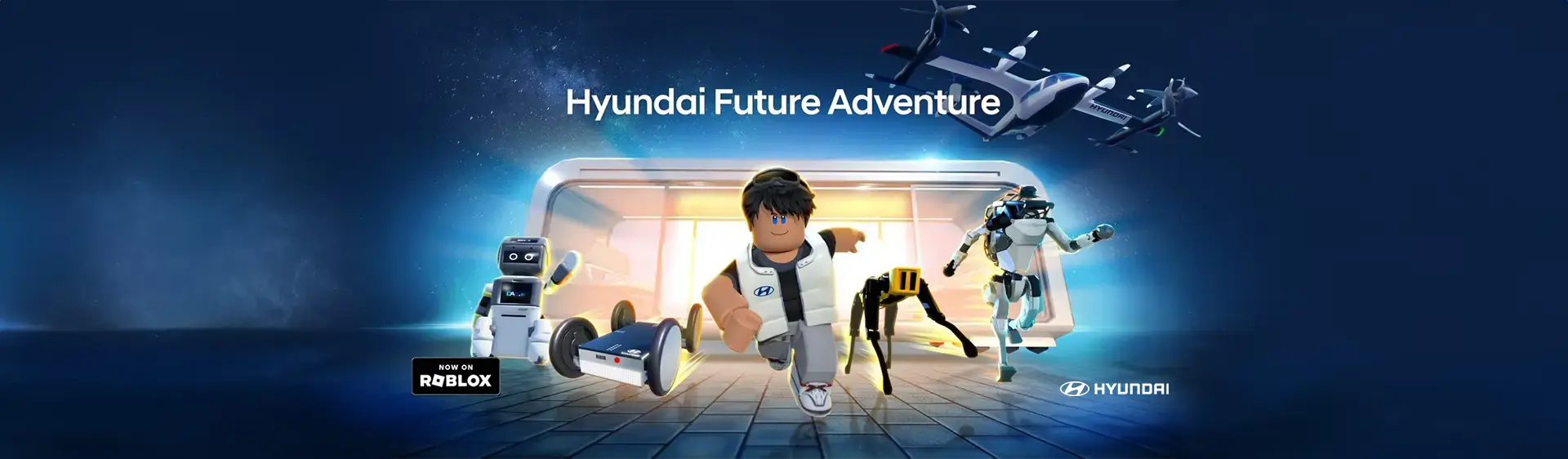 Personagem do Roblox com uniforme da Hyundai ao lado de tecnologias da marca. O título diz “Hyundai Future Adventure”.